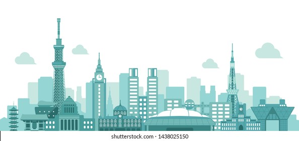 Tokyo skyline flat vector illustration. Tokyo landmark buildings.