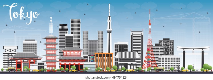 Tokyo Skyline with Gray Buildings and Blue Sky. Vector Illustration. Business Travel and Tourism Concept with Modern Architecture. Image for Presentation Banner Placard and Web Site.