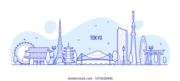 Tokyo skyline, Japan. This illustration represents the city with its most notable buildings. Vector is fully editable, every object is holistic and movable