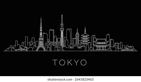 Tokyo skyline with outline Japan cityscape, and black.