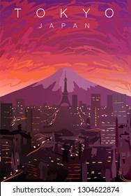 Tokyo skyline poster. Japan, sunset in Tokyo city vector illustration.