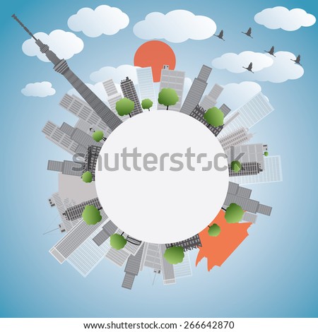 Tokyo skyline with skyscrapers and sun Vector illustration. Business travel and tourism concept with place for text. Image for presentation, banner, placard and web site
