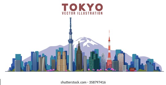 Tokyo skyline. Vector illustration. City landscape on a background of mountains