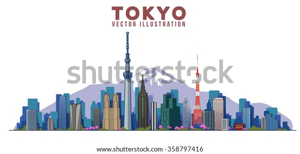 東京の天窓 ベクターイラスト 山の背景に都市の風景 のベクター画像素材 ロイヤリティフリー