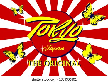 Tokyo slogan lettering print shirt. Japanese old flag, red sun and soaring butterflies. Flat style vector Illustration