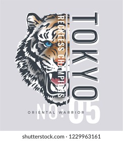 Tokyo Slogan With Tiger Head Graphic Illustration