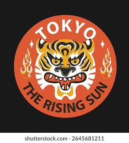 slogan tóquio com estilo simbólico tigre em círculo quadro vetor ilustração
