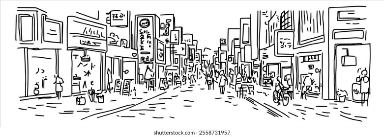 Tokyo street hand drawing doodle hatching vector sketch