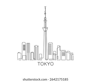 Tokyo stroke, single art skyline. Continuous urban panorama silhouette outline, vector illustration of Japan city with buildings, skyscrapers. Thin line icon, logo, card