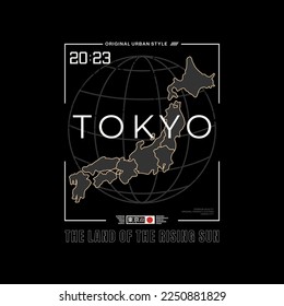 Tokio, stylischer Typografie-Slogan. Abstraktes Design für Vektor-T-Shirt, Baustil, Typografie, Poster. Aufnahme auf Japanisch mit Übersetzung in Englisch: Tokio. Vektorgrafik. 