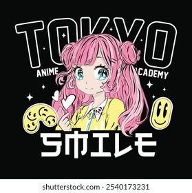 Tokyo themed anime girl illustration.Korean themed cute manga girl vector design.Beautiful cute girl child vector illustration.Graphic with Tokyo slogan on black background.Anime, manga hair design.