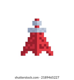 Tokyo tower building. Pixel art icon. 8-bit sprite. Travel logo. Isolated vector illustration.