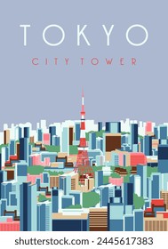 tokyo tower and city flat illustration poster