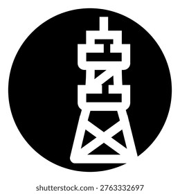Tokyo tower icon representing travel, tourism, and culture in japan, featuring a distinct landmark broadcasting structure within a black circular background