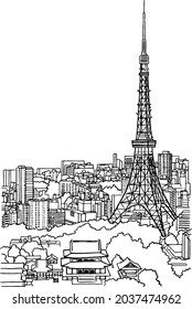 Tokyo Tower Japan landmark cityscape Hand drawn line art vector illustration