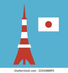 Tokyo Tower and Japanese flag icon set isolated on blue background. Vector.