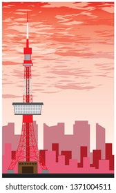 Tokyo Tower on orange city background.vector
