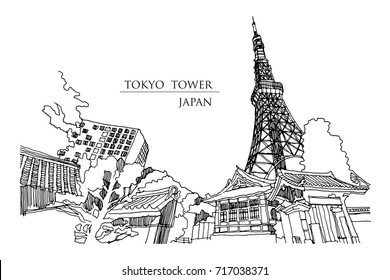 Tokyo tower perspective from alley beside of temple, vector illustration.