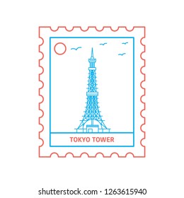 TOKYO TOWER postage stamp Blue and red Line Style, vector illustration