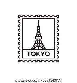 Tokyo Tower postage stamp icon featuring lattice structure, wide base and pointed antenna inside a perforated postal frame above Tokyo