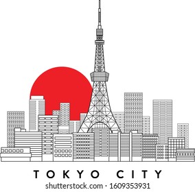 Tokyo Tower with red sun, A famous Landmark in Japan. Outline Vector illustrate.