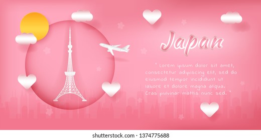 Tokyo Tower Travel Postcard, Poster, Banner, Tour Advertising Template. Famous Landmark and Travel Attraction in Tokyo City in Japan in Paper Cut Style with City Background Vector Illustration
