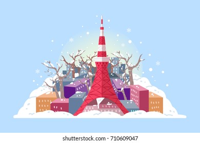 tokyo tower in winter on blue background