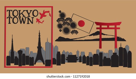 Tokyo town silhouette ,Digital craft paper art abstract style