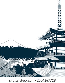 Imagen de ilustración de fondo de viaje de Tokio. hay palacios, cerezos en flor, ciudades y monte fuji.