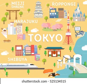 Tokyo travel map in flat illustration.