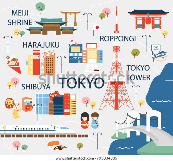 東京の旅の地図を平らなイラストで描いた のベクター画像素材
