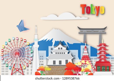 Tokyo travel and most famous landmarks,paper art style.