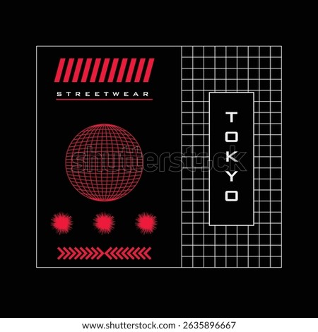 Tokyo tshirt design with earth wireframe and urban style. Tokyo japan vibes tshirt design with red neon light style.