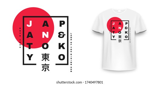 Tokyo t-shirt design. T-shirt design with Tokyo typography for tee print, poster and clothing. Japanese inscriptions - Tokyo and Japan. Vector