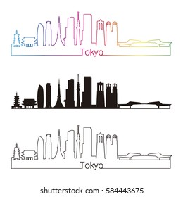 Tokyo V3 skyline linear style with rainbow in editable vector file