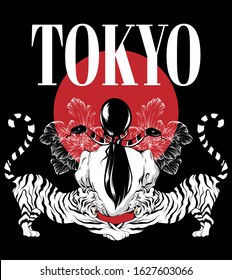 Tokyo. Vector hand drawn illustration of girl with snakes and tigers with flowers isolated. Template for card, poster, banner, print for t-shirt, pin, badge, patch.