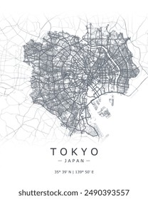 Tokyo vector map. Detailed map of Tokyo in Japan. Best free vector illustration. Tourist decorative street map.