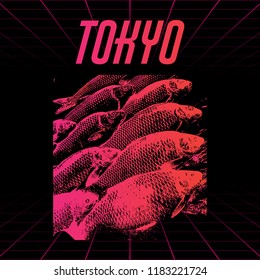 Tokyo. Vector poster with hand drawn illustration of fishes made in vaporwave style. Template for card, banner, print for t-shirt, pin, badge, patch.