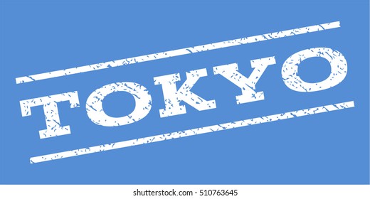 Tokyo watermark stamp. Text caption between parallel lines with grunge design style. Rubber seal stamp with scratched texture. Vector white color ink imprint on a blue background.