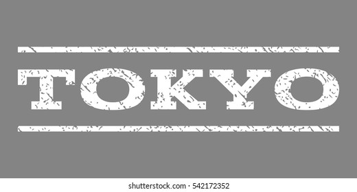 Tokyo watermark stamp. Text tag between horizontal parallel lines with grunge design style. Rubber seal stamp with dirty texture. Vector white color ink imprint on a gray background.