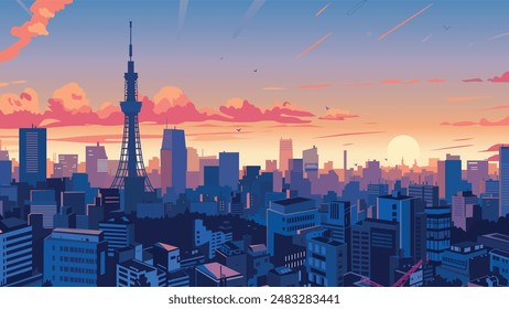 Tokyo's skyline ignites in this flat vector illustration. The iconic Tokyo Tower, bathed in fiery hues of sunset, takes center stage. Vibrant colors paint the bustling cityscape