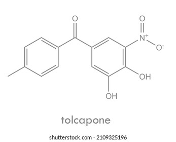 Tolcapone structure. COMT inhibitor drug molecule. Used in treatment of Parkinson's disease. Chemical formula.