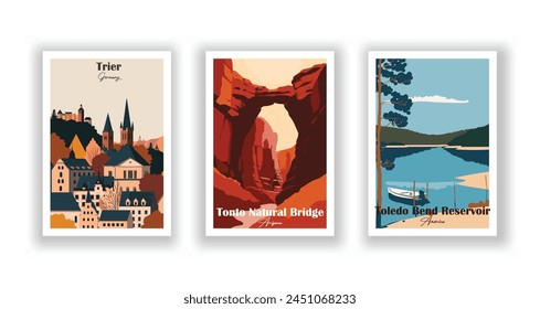 Toledo Bend Reservoir, America, Tonto Natural Bridge, Arizona, Trier, Germany - Vintage travel poster. Vector illustration. High quality prints