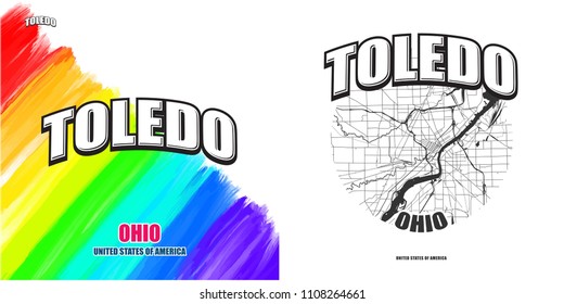 Toledo, Ohio, logo design. Two in one vector arts. Big logo with vintage letters with nice colored background and one-color-version with map for every possible print production.