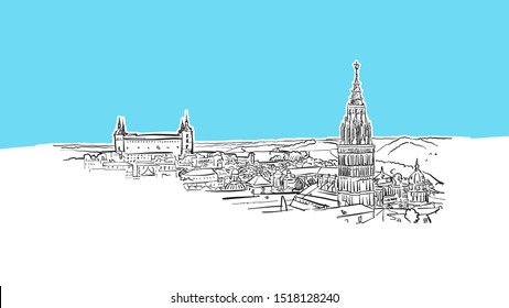 Toledo Panorama Lineart Vector Sketch. and Drawn Illustration on blue background.