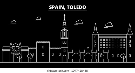 Toledo silhouette skyline. Spain - Toledo vector city, spanish linear architecture, buildings. Toledo travel illustration, outline landmarks. Spain flat icon, spanish line banner