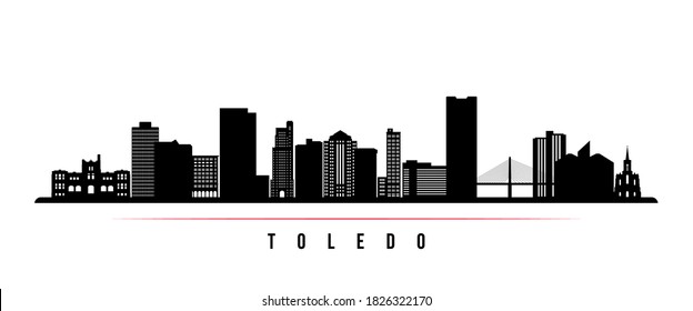 Banner horizontal en el horizonte de Toledo. Silueta blanca y negra de la ciudad de Toledo, Ohio. Plantilla de vectores para su diseño. 