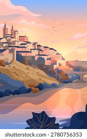 Toledo Spain cityscape sunset river hills historic architecture scenic landscape pastel colors birds sky abstract foliage