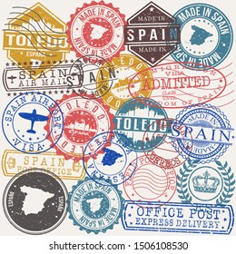 Toledo Spain Set Of Stamps. Travel Stamp. Made In Product. Design Seals Old Style Insignia.