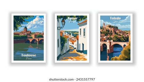 Toledo, Spain. Tomar, Portugal. Toulouse, France - Set of 3 Vintage Travel Posters. Vector illustration. High Quality Prints